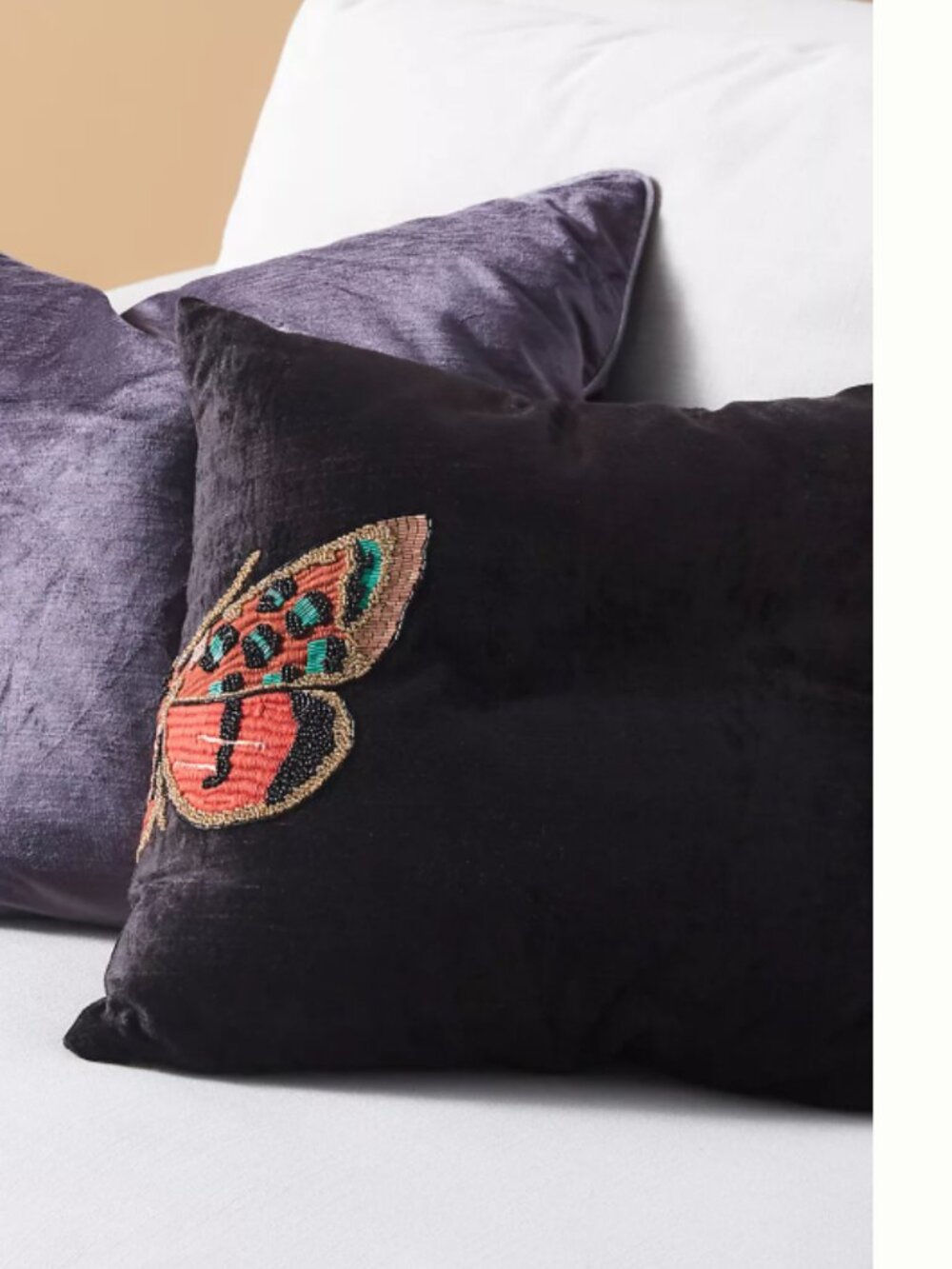 2 Anthropologie Velvet Beaded Butterfly Isadora Pillow Cases Shams Square 18x18